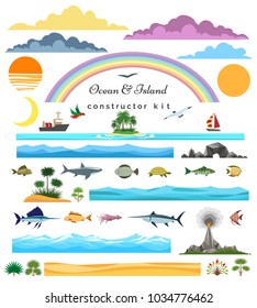 Sea island constructor. Ocean and islands, surf beach and seascape creator set vector illustration
