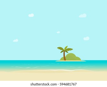 Sea island horizon view from sand beach vector illustration, flat style coast landscape, tropical palm on island far from shore