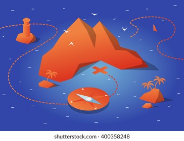 sea island and lighthouse on isometric view map. vector graphic illustration.