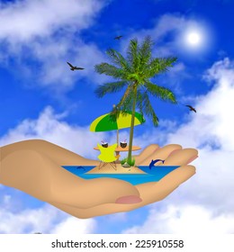 Sea island with palm in a female hand