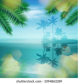 Sea with island and palm trees.