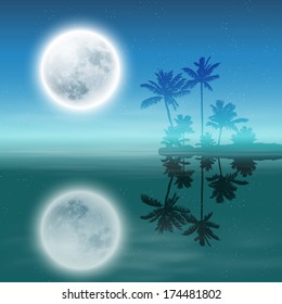 Sea with island with palm trees and full moon at night. EPS10 vector.