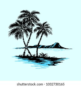 Sea island with palm trees. Vector illustration. 