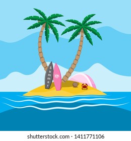 sea island with palm trees at which there are two surfing and tent, crab sand summer. vector graphics. eps