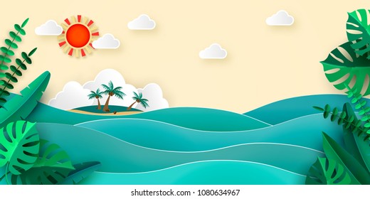 Sea island palm tropical leaves sun clouds in papercut style. Advertising banner for promotion travel services Vector illustration EPS 10