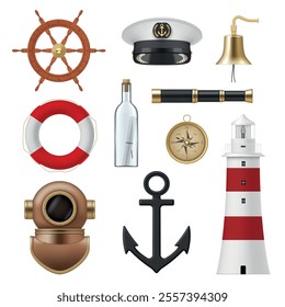 Sea items set nautical captain hat ship steering wheel anchor realistic vector illustration. Marine telescope pirate bottle with letter compass ring bell lifebuoy lighthouse diver spacesuit