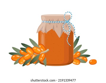 Sea ​​buckthorn jam or confiture jar in rustic style, homemade fruit berry preserve, vector illustration on white background