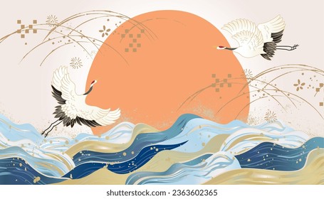 Sea Japanese style background illustration with waves