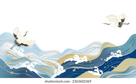 Sea Japanese style background illustration with waves