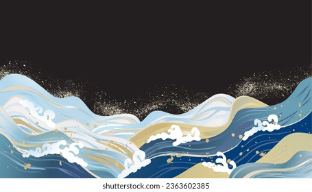 Sea Japanese style background illustration with waves