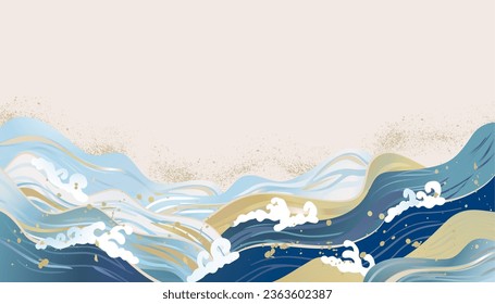 Sea Japanese style background illustration with waves