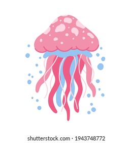 Sea jelly character. Cartoon hand drawn illustration of cute ocean animal. Stylized cute pink jellyfish. Childish t shirt print, poster. Flat isolated vector clipart, white background