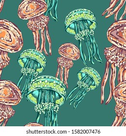 Sea jelly. Hand-drawn vector image.Illustration of the inhabitant of the sea and ocean depths.
Seamless pattern.