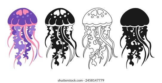 Meeresquallen Cartoon Hand gezeichnete Zeichen-Set. Ocean cute Medusa Unterwasser schwimmende Tier flache Silhouette, Symbol lineares Design. Comic Marine schwimmende Qualle Tier für Kinder Vektorillustration