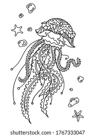 Sea jellyfish coloring book. Drawing of an animal. Hand-drawn coloring book for children and adults. Drawings with patterns and small details. See more coloring pages in the collections. Vector