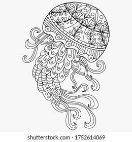 Sea jellyfish drawn with folk style floral ornament for coloring on a white background, vector