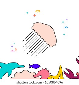 Sea jellyfish filled line vector icon, simple illustration, sea world, marine life related bottom border.