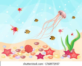 Sea jellyfish and fish in the depths of the sea-vector illustration, eps