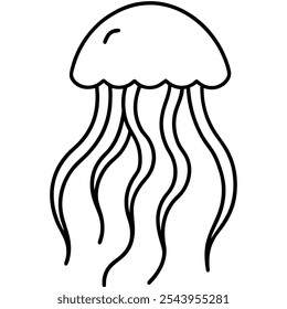 A sea jellyfish line art icon, illustration of marine cartoon jellyfish in line art style, children's illustration on illustration  on white background