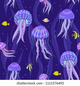 Sea jellyfish on dark purple background. Seamless pattern. 