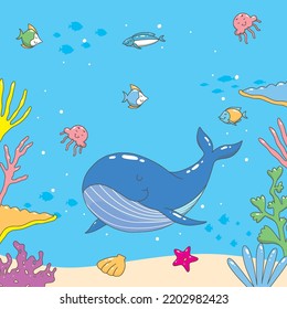 ๊ืUnder the sea with jellyfish, shell, fish,  whale and starfish