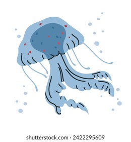 Sea jellyfish. Underwater medusa animal, aquatic gelatinous sea jelly floating in ocean, hand drawn jellyfish flat vector illustration. Marine fauna on white