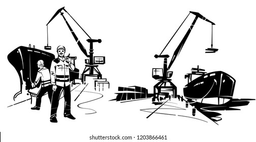 Sea jib cranes at the port. Docker brigadier with walkie-talkie. Vector set of black figures on a white background.