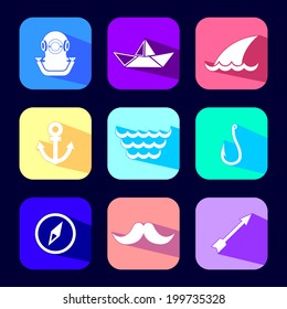 Sea journey flat icon set with long shadows