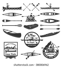 Sea kayak adventures emblems and extreme river rafting equipment elements black icons composition abstract isolated vector illustration 