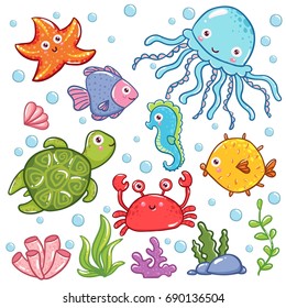 Sea kids cute. Collection of sea animals in cartoon style, life illustration