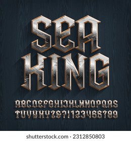 Sea King alphabet font. Distressed metal letters and numbers on a wooden background. Stock vector typescript for your typography design.