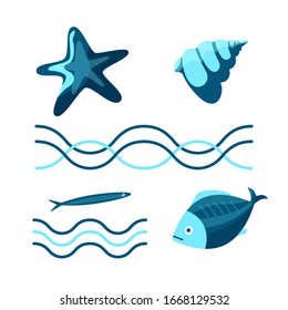 Sea kit: waves, seashell, fish and starfish. In blue color, in the style of the cartoon. Vector images isolated on a white background.