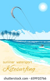 Sea kite on tropical sea background. Kitesurfing summer watersport poster or flyer