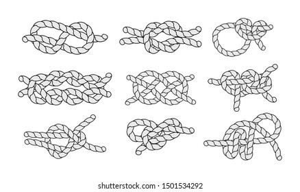 Sea knots and loops set. Marine rope and nautical knot, cord borders, nautical loop vector illustration on white background isolated
