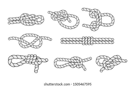 Sea knots and loops set. Marine rope and nautical knot, cord borders, nautical loop vector illustration on white background isolated