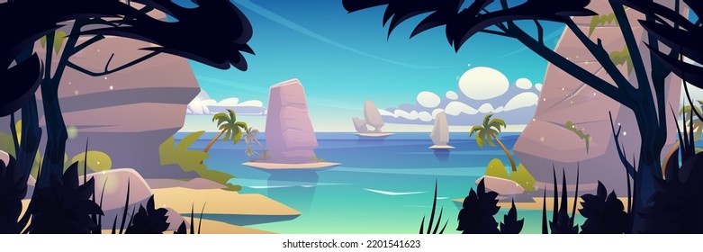 Sea lagoon landscape with palm trees on sand beach, mountains in water and jungle trees silhouettes. Tropical scene of ocean shore, summer seascape with rocks, vector cartoon illustration