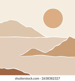 sea or lake and mountain lanscape panorama organic doodle shapes matisse style, naive art, contemporary backgrounds. beach and mountains vector illustration