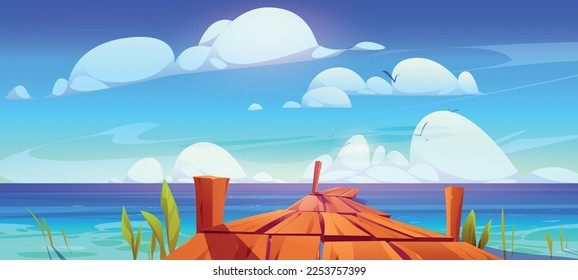 Sea or lake water with wooden pier. Summer landscape of river dock, ocean harbor beach with old wood wharf and green grass. Berth with boardwalk on sea bay coast, vector cartoon illustration