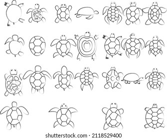 sea land turtles hand drawn icon set collection