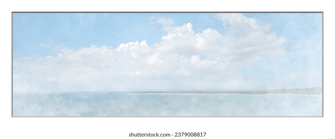 Antecedentes vectoriales de arte del paisaje marino con cielo azul y nubes blancas. Ilustración acuarela para interiores, volantes, afiches, portada, banner. Pintura moderna a mano para el diseño interior.