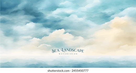 Sea landscape art vector background with blue sky and white clouds. Watercolor illustration for interior, flyers, poster, cover, banner.