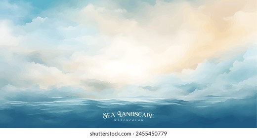 Fondo de Vector de arte de paisaje marino con cielo azul y nubes blancas. Ilustración de acuarela para el interior, volantes, póster, cubierta, Anuncio.