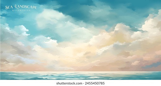 Sea landscape art vector background with blue sky and white clouds. Watercolor illustration for interior, flyers, poster, cover, banner.