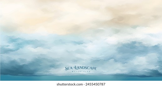 Sea landscape art vector background with blue sky and white clouds. Watercolor illustration for interior, flyers, poster, cover, banner.