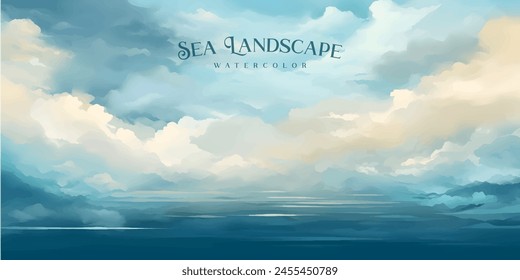 Sea landscape art vector background with blue sky and white clouds. Watercolor illustration for interior, flyers, poster, cover, banner.