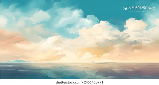 Sea landscape art vector background with blue sky and white clouds. Watercolor illustration for interior, flyers, poster, cover, banner.