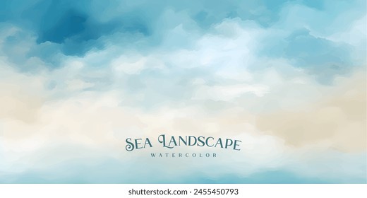 Sea landscape art vector background with blue sky and white clouds. Watercolor illustration for interior, flyers, poster, cover, banner.