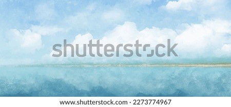 Sea landscape art vector background with blue sky and white clouds. Watercolor illustration for interior, flyers, poster, cover, banner. Modern hand draw painting for design interior. 