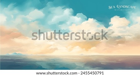 Sea landscape art vector background with blue sky and white clouds. Watercolor illustration for interior, flyers, poster, cover, banner.