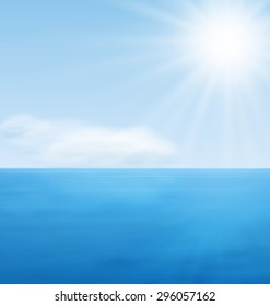 Sea Landscape Background, Calm Blue Ocean and Far Clouds on Horizon - vector